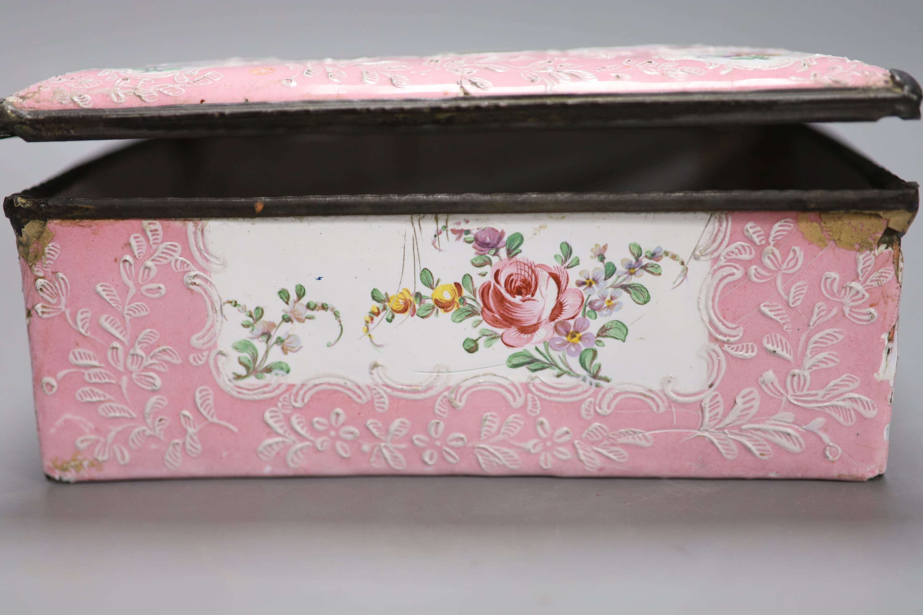 A French pink ground enamel box, length 19cm (a.f.)